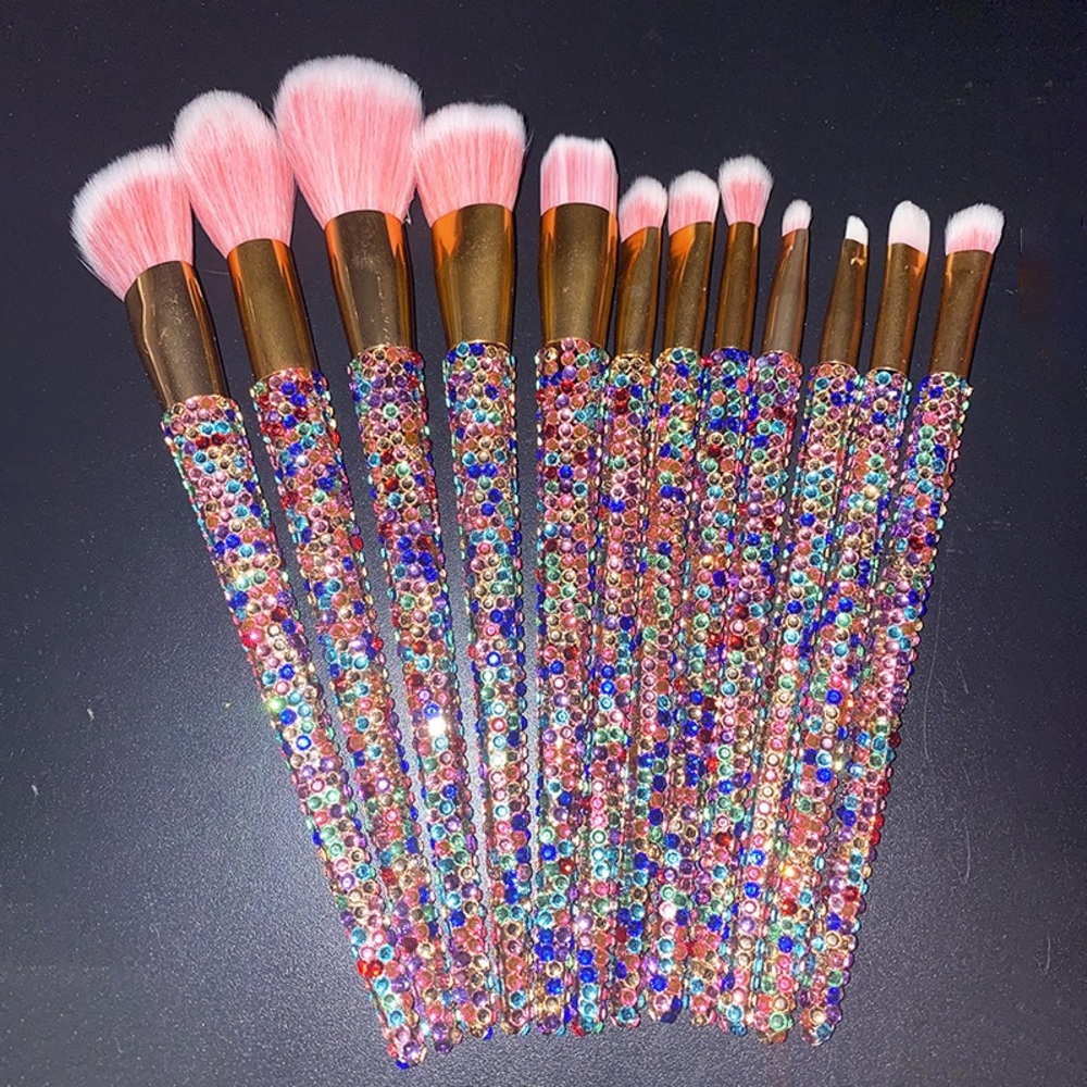Pink Rainbow Crystal Encrusted Makeup Brush Set